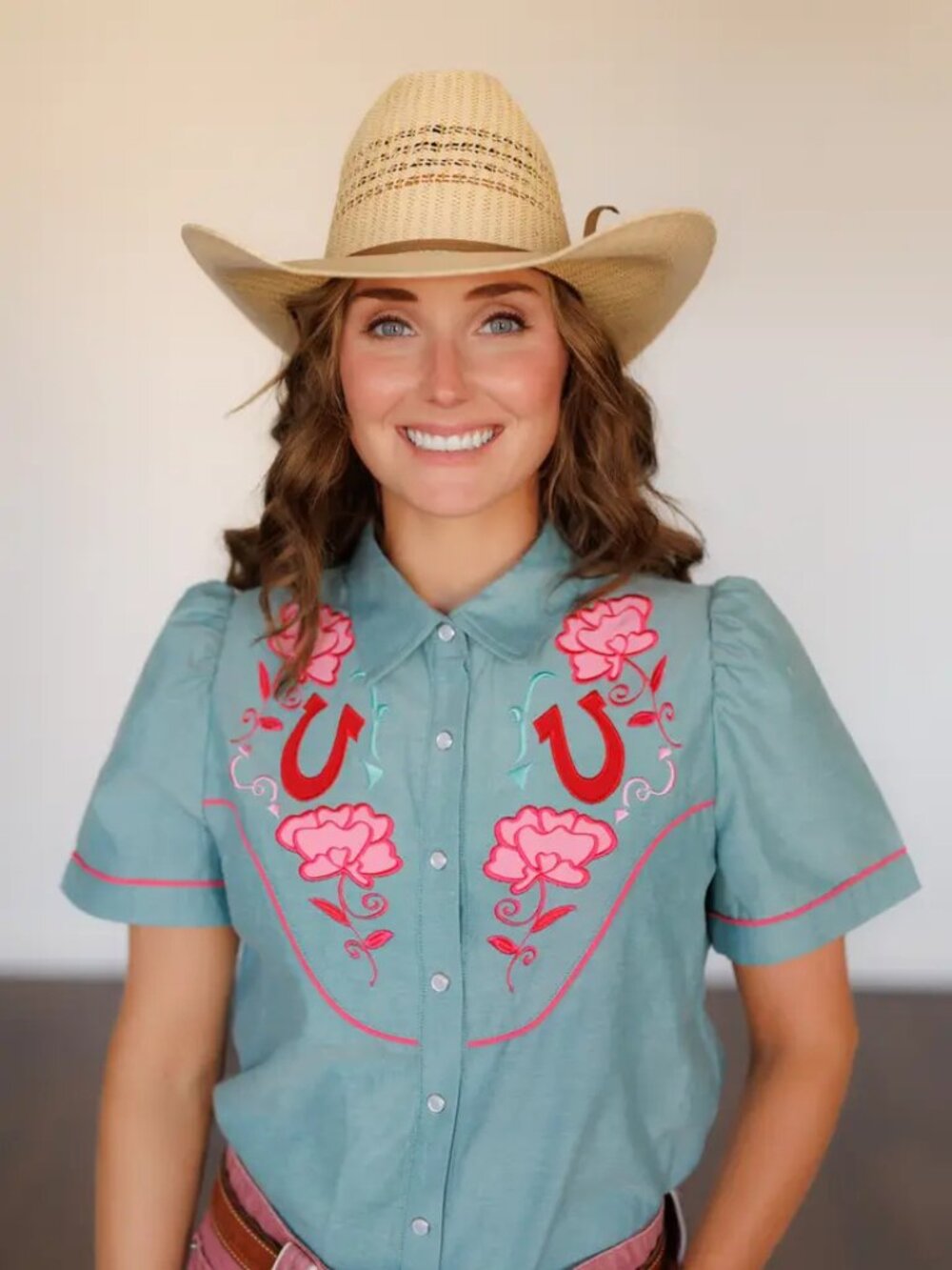Howdy Hanny Pearl Snap, Pink Rose Turq  Chambray Shirt NEW